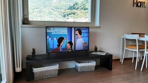 A living room with a television on a black stand, a white chair, and a small table with a plant. - Vacation apartment Anna in Casa Pimi under German ital. Management and support (Malcesine)