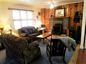 TV, fireplace, books, offices