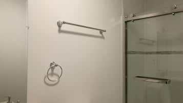 Shower, hair dryer, towels, soap
