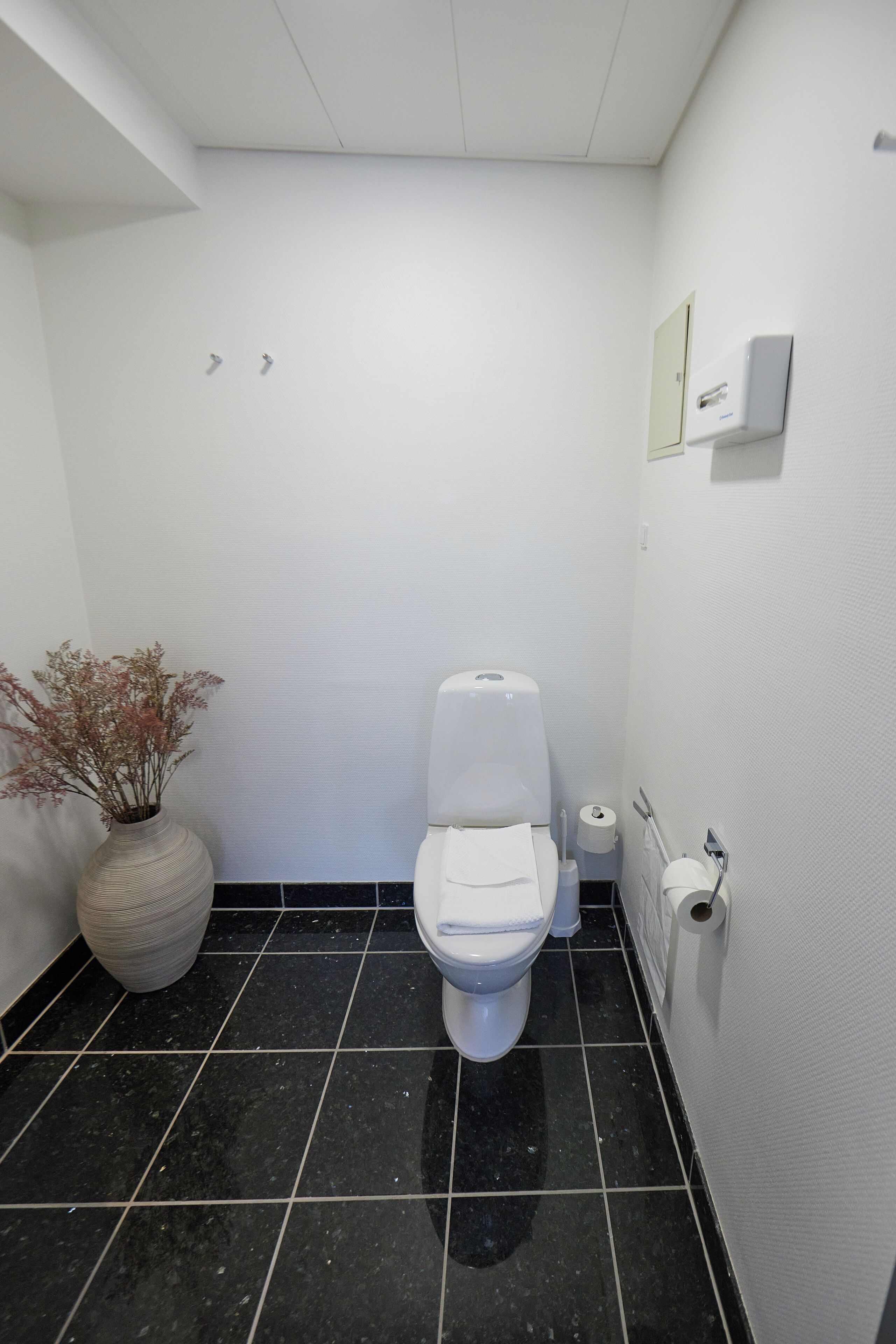 Een compacte, moderne badkamer met toilet, een witte vaas met gedroogde bloemen en een vloer van zwarte tegels.