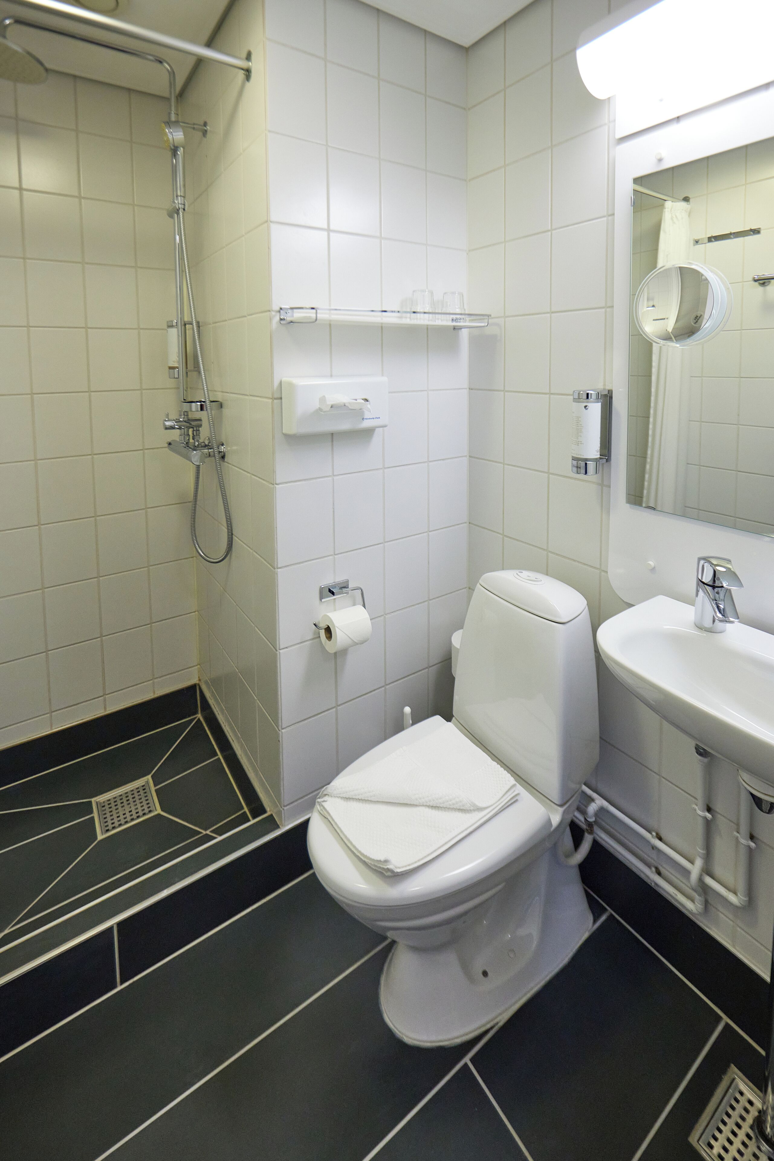 Un baño moderno con inodoro, lavabo, espejo, ducha y dispensador de papel higiénico.