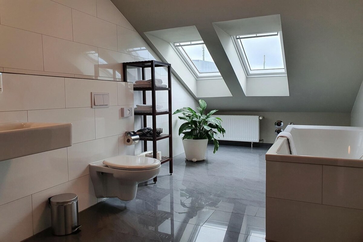 A modern bathroom with a skylight, a toilet, a sink, a bathtub, and a potted plant.