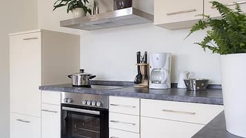 Großer Kühlschrank, Herdplatte, Wasserkocher mit Kaffee-/Teezubehör