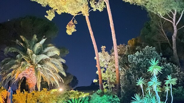 Vista nocturna de un área de piscina con un deck adoquinado, rodeado de árboles y plantas, y un espacio con bancos y sillas.