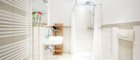 Douche, séchoir à cheveux, papier de toilette