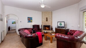Un salon avec des canapés en cuir, une cheminée, un téléviseur et un ventilateur de plafond.