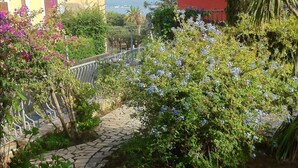 Um caminho de pedra serpenteia por um jardim com plantas floridas e vista para a costa.