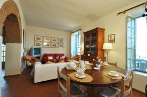 Una televisión, una chimenea