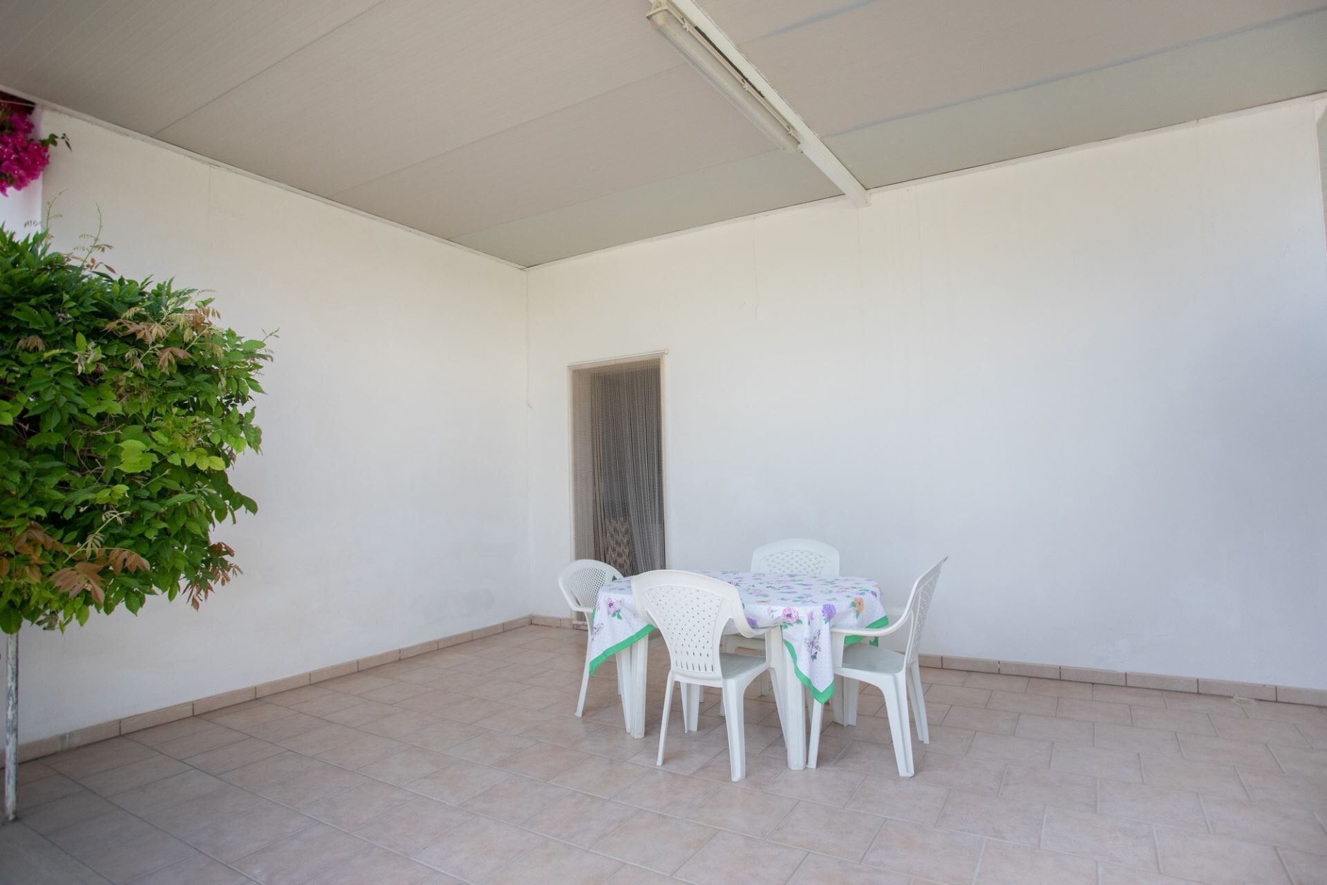 A covered patio area with a table and chairs, a potted plant, and a door.