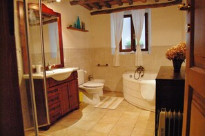 Bathtub, hair dryer, bidet, towels