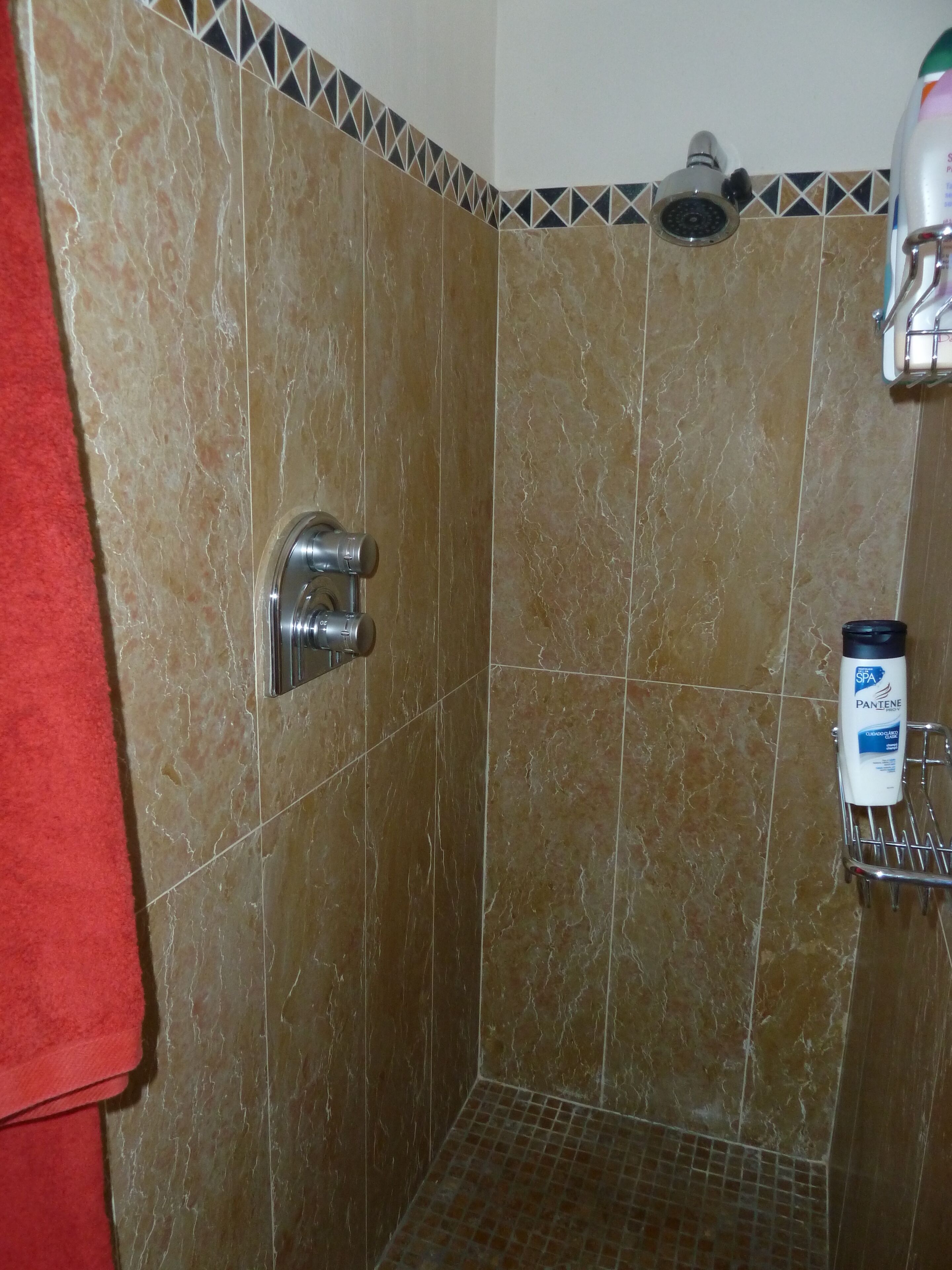 Un espace douche équipé d’un pommeau de douche à main, d’un porte-serviettes et d’une bouteille de shampoing Pantene.