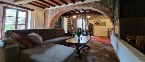 TV connectée, cheminée, livres