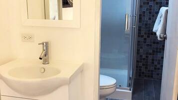 Chuveiro, secador de cabelo, toalhas de banho, sabonete