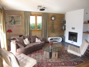 Televisie, een open haard, een dvd-speler en een filmbibliotheek