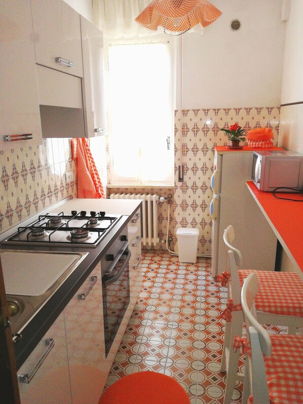 Fridge, microwave, oven, stovetop