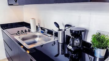 Frigorífico, microondas, placa de cocina y cafetera o tetera