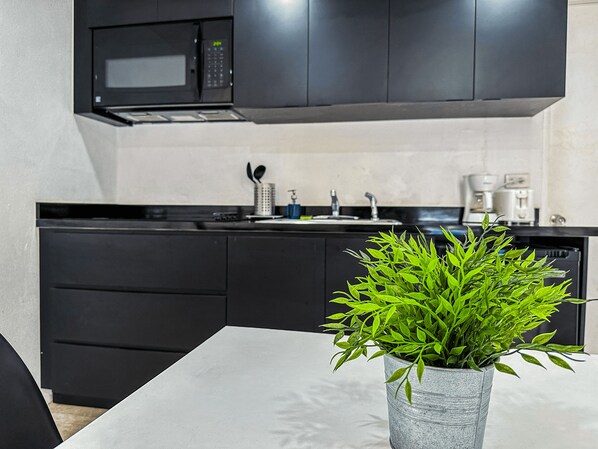 Fridge, microwave, stovetop, coffee/tea maker