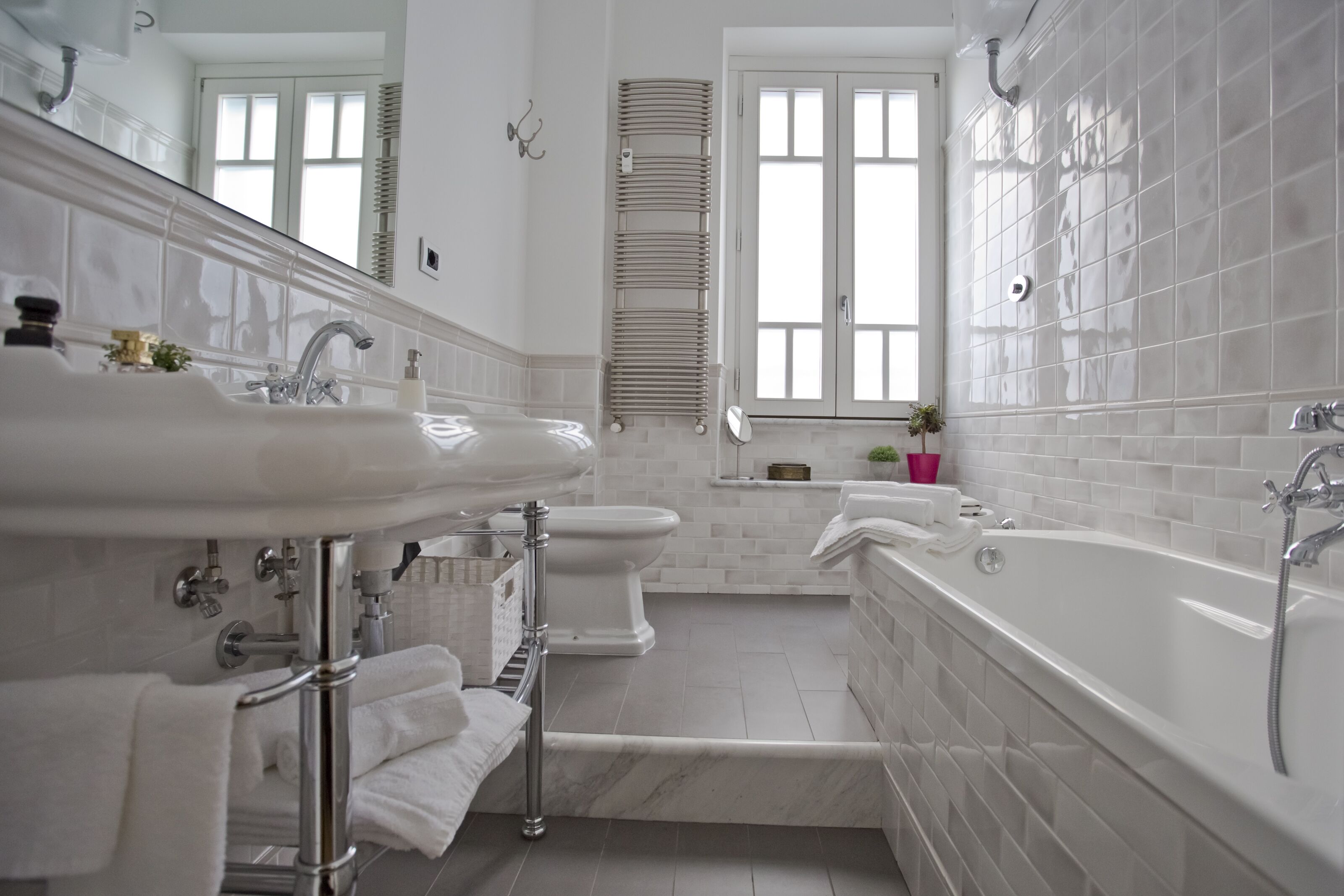 Combined shower/tub, hair dryer, bidet, towels