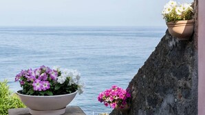 Un balcon avec vue sur la mer, un pot de fleurs orné de fleurs violettes et blanches, et un pot suspendu avec des fleurs blanches.