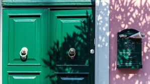 Une porte verte ornée d’un heurtoir en laiton et d’une boîte aux lettres portant un emblème héraldique.