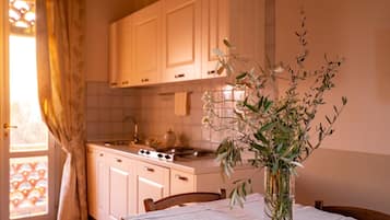 Fridge, stovetop, coffee/tea maker, electric kettle