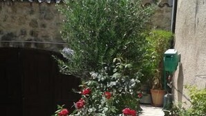 A narrow stone pathway flanked by lush greenery and potted plants, leading to a building entrance. - THE GARDEN OF THE VILLAGE IN VALBONNE (3 ***): live in-out (Valbonne)