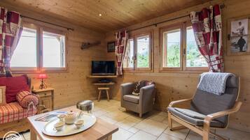 Televisie, een open haard, een dvd-speler en boeken