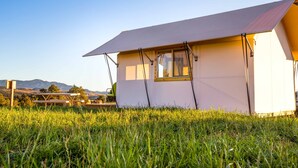 A small, single-story house with a sloped roof, a window, and a door. It is situated in a grassy field with mountains in the background. - Glamping Tent Single Queen - Royal Gorge Cabins (Cañon City)