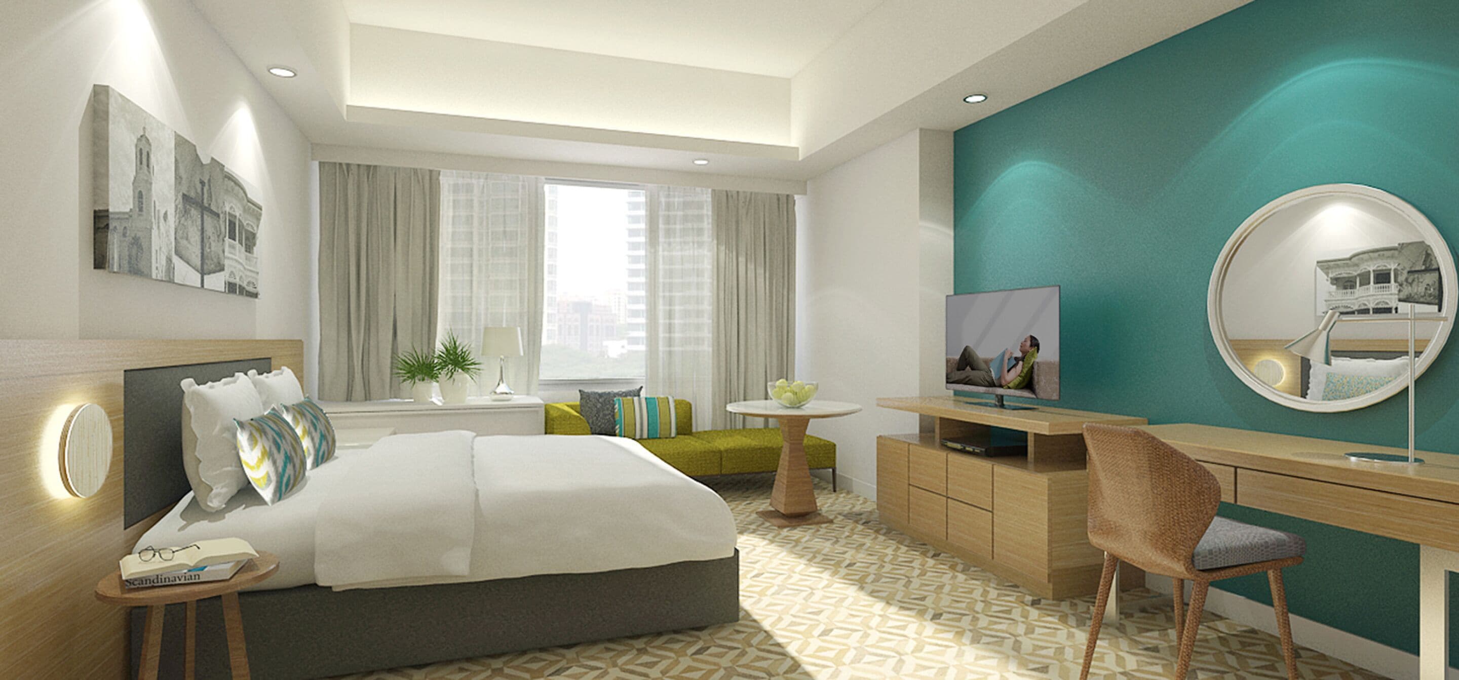 A modern hotel room with a bed, a desk, a chair, a TV, and a large window with curtains.