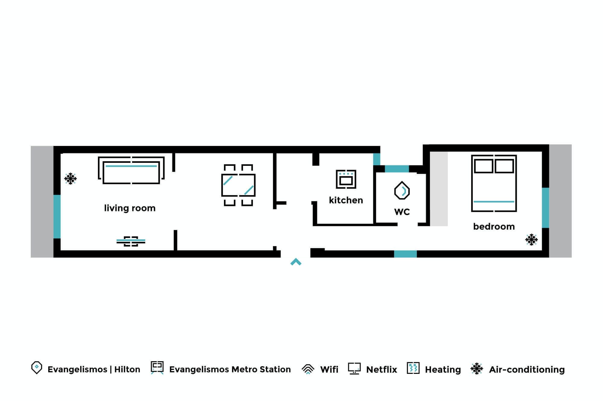 A hotel floor plan with a living room, kitchen, WC, and bedroom. Amenities include WiFi, heating, and air conditioning.