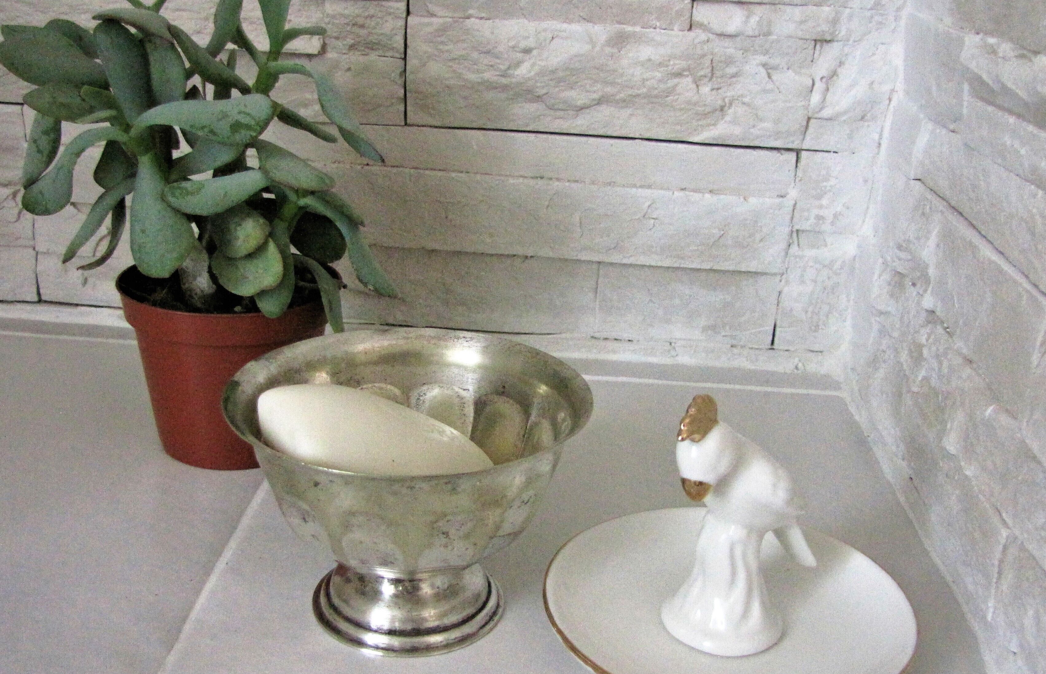 A metal bowl with a white object, a potted plant, and a white figurine on a white surface.