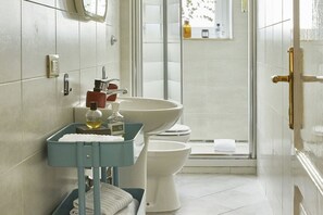 Shower, hair dryer, bidet, towels