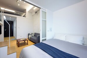 1 bedroom, desk, iron/ironing board, travel cot