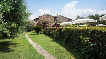 Una casa de piedra con un camino empedrado que lleva a la entrada, rodeada de vegetación exuberante y plantas con flores.