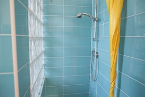 Hair dryer, towels, soap, shampoo
