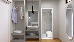 A modern bathroom with a large mirror, a vessel sink, and a walk-in shower. - 3 Bedroom Pool Suite Sea View (Paxoi)