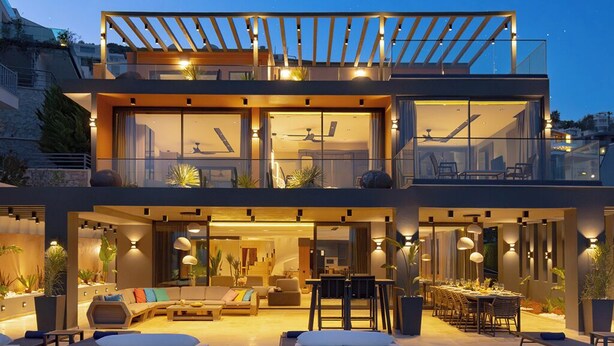A modern two-story house with a swimming pool in the foreground. - Villa Buse, wonderful sea view. (Kalkan)