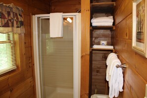 Combined shower/tub, hair dryer, towels