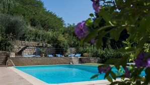 A rectangular swimming pool with a stone border, surrounded by a stone wall and a metal fence.
