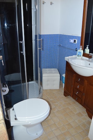 Shower, jetted tub, hair dryer, towels