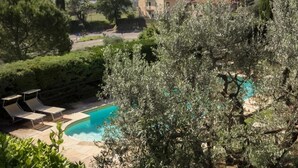 A pool area with lounge chairs, surrounded by olive trees and a view of a hillside with houses. - Edera cozy house in Tuscan village (Castel San Gimignano)