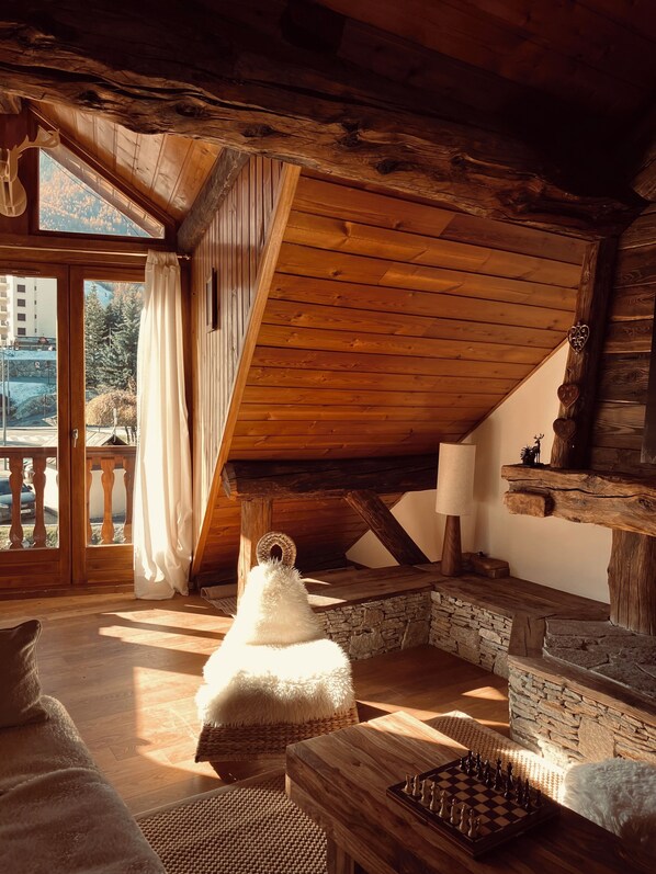 Télévision, cheminée, lecteur de DVD, chaîne hi-fi