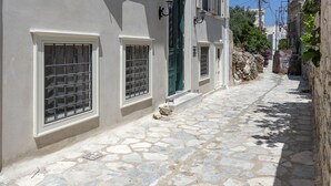 Un carreró empedrat, estret, flanquejat per edificis de parets blanques i persianes.