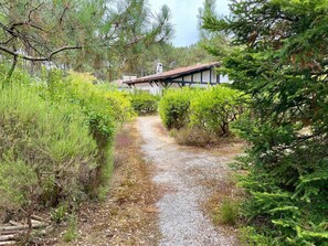 A gravel path leading to a building with a gabled roof and dark trim.