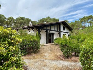 A traditional house with a stone pathway leading to the entrance, surrounded by greenery.
