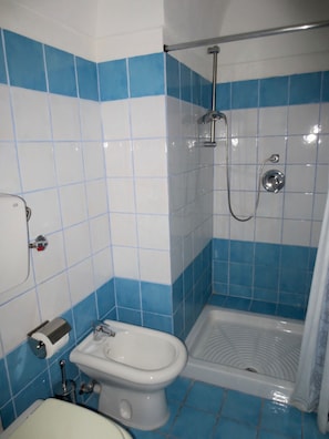 Douche, sĂšche-cheveux, bidet, serviettes fournies