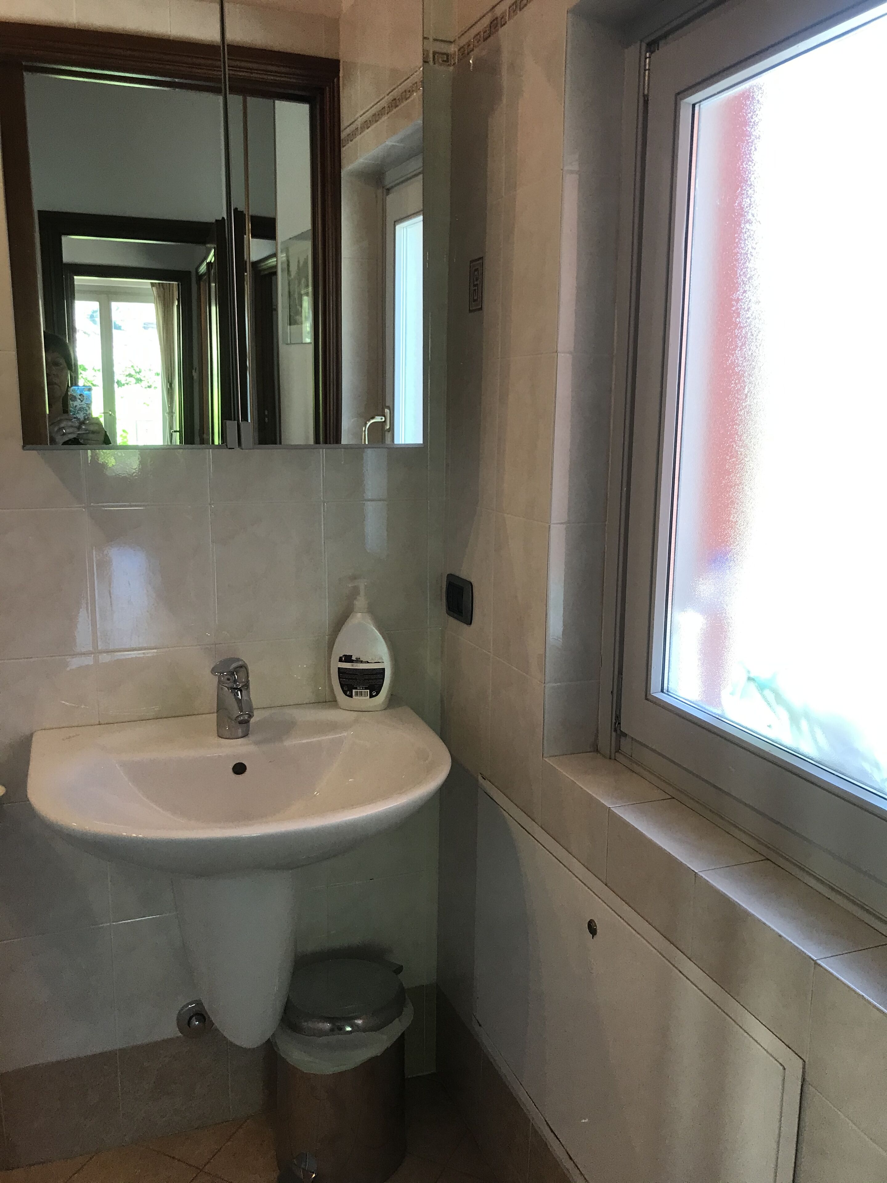 A bathroom with a sink, mirror, and window.