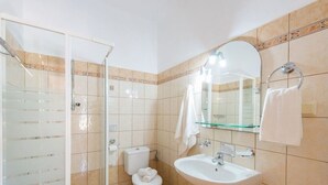 A bathroom with a glass shower enclosure, a toilet, a sink, and a mirror. - Olga Luxury Apt Lower ( Adults only) (Paxoi)