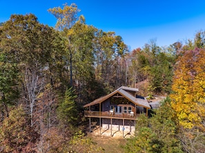 Enjoy the serene forest views from the cabin's spacious porch.