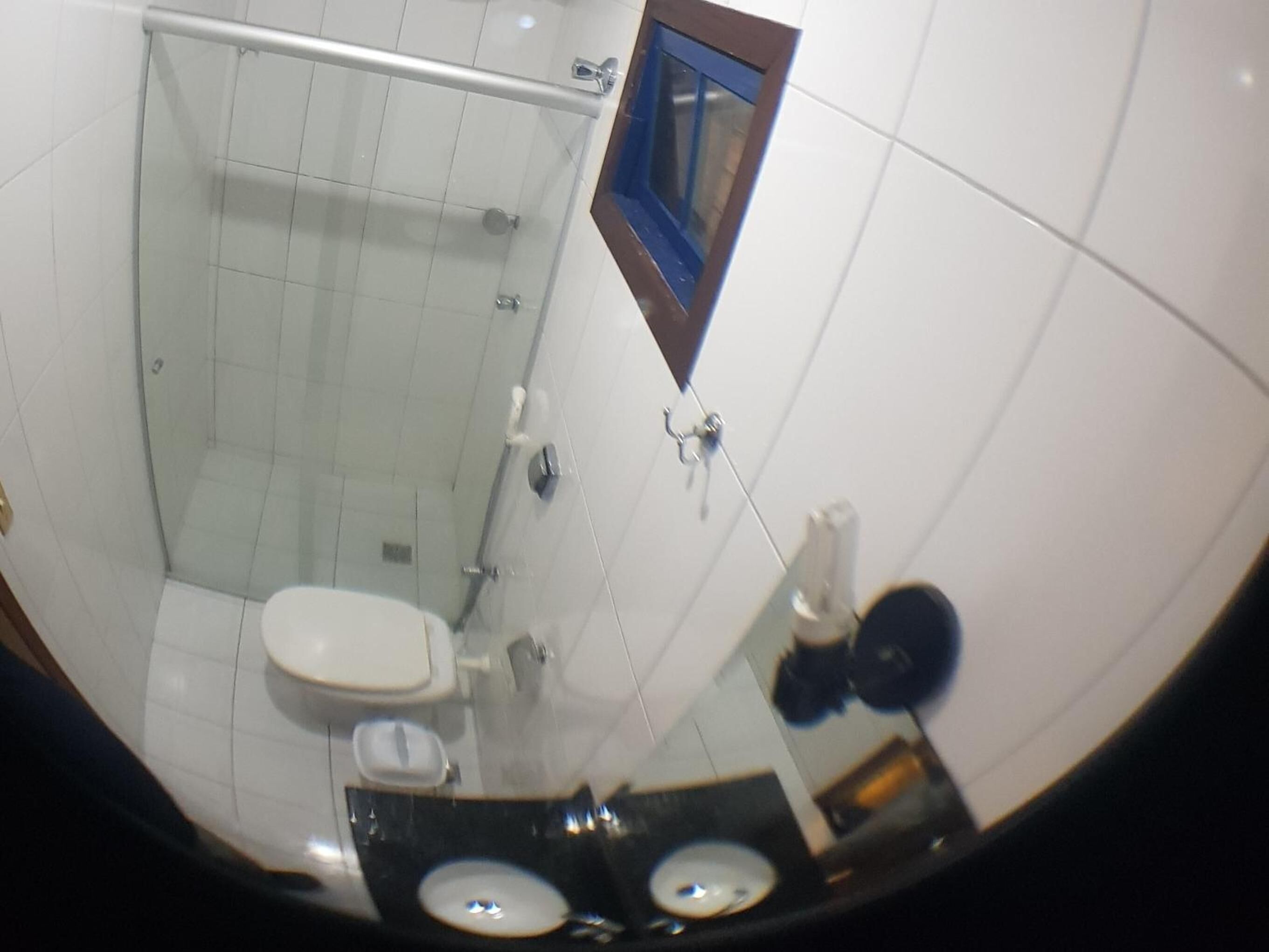 A bathroom with a glass shower enclosure, a toilet, and a sink.